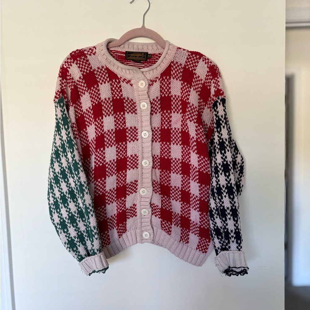 Eddie Bauer Red and Green Checkered Cardigan